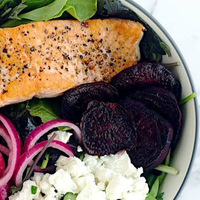 Tuesday Dinner Special - Salmon Beet & Goat Cheese Salad.