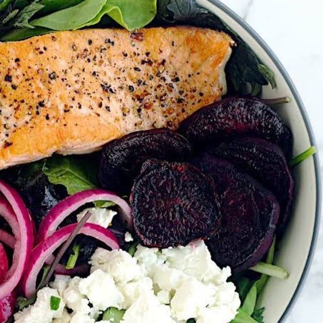 Thursday Dinner Special - Salmon Beet & Goat Cheese Salad.
