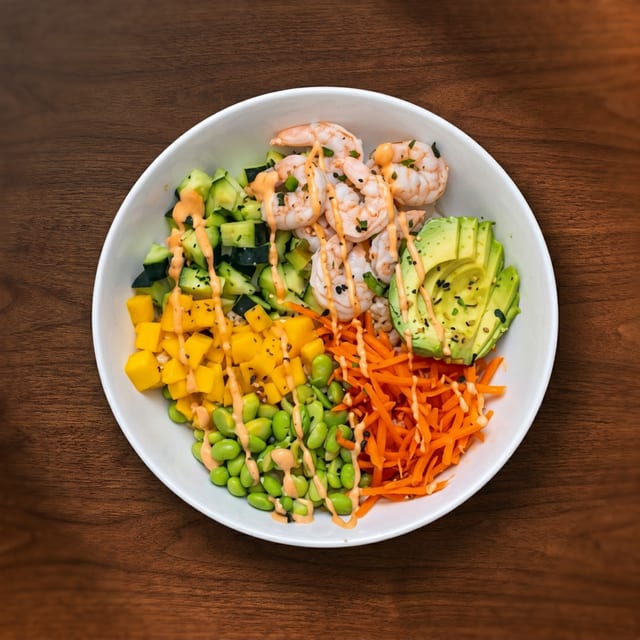 Poke Ponzu Marinated Shrimp Bowl.
